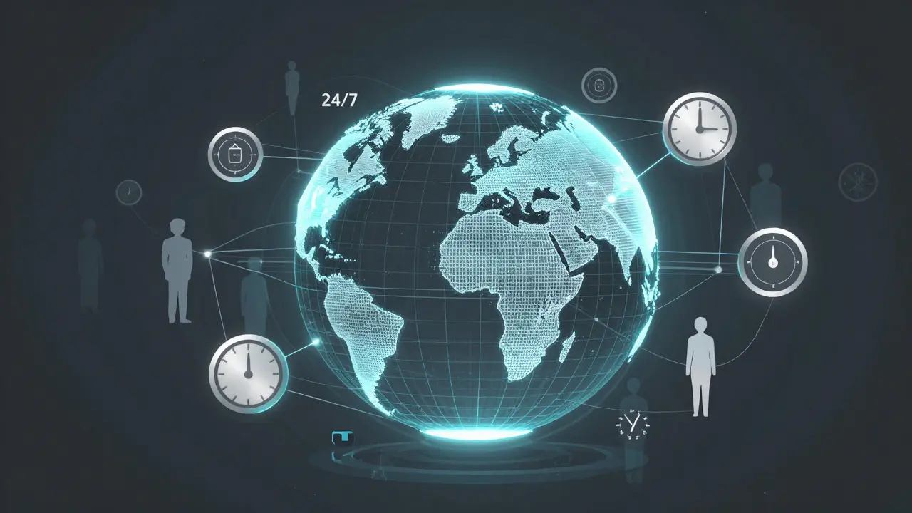 Global network showing 24/7 access to tokenized assets