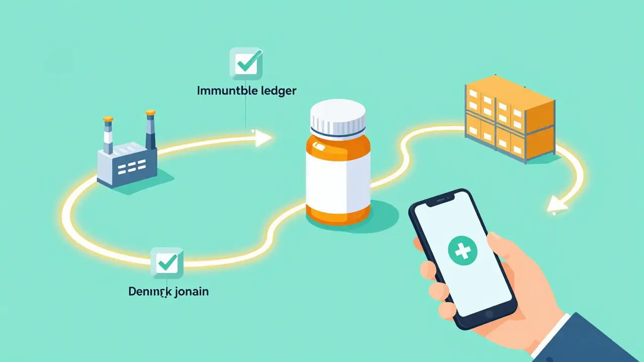 Illustration of a medicine bottle tracked via blockchain supply chain
