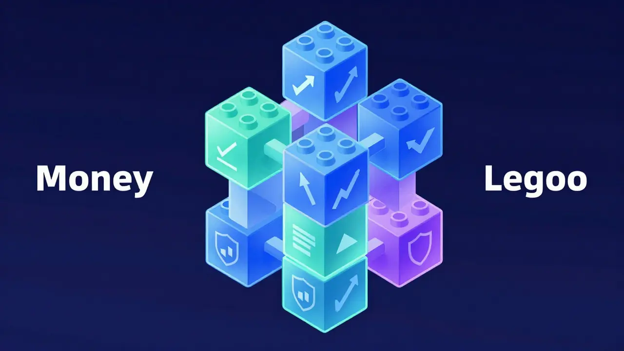 Isometric vector illustration of interlocking financial blocks representing DeFi composability.