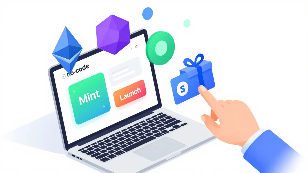 Isometric vector illustration of no-code NFT minting interface transforming tokens into real-world rewards.