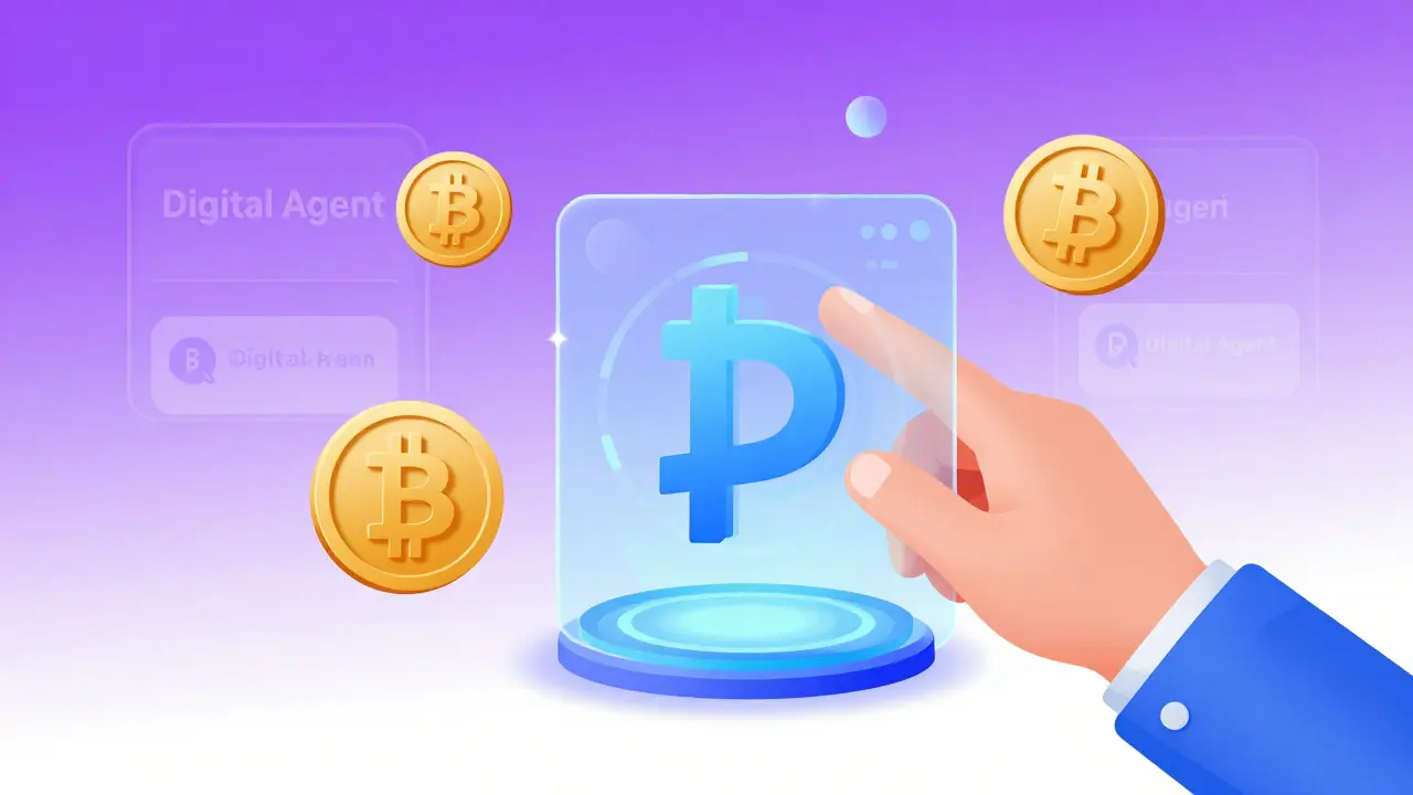 Modern vector art of a hand interacting with holographic peso and crypto icons.