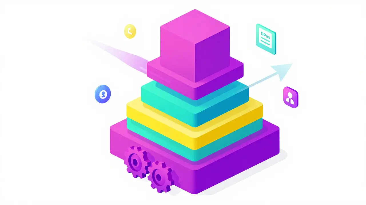 Modern vector graphic showing layered hybrid blockchain architecture