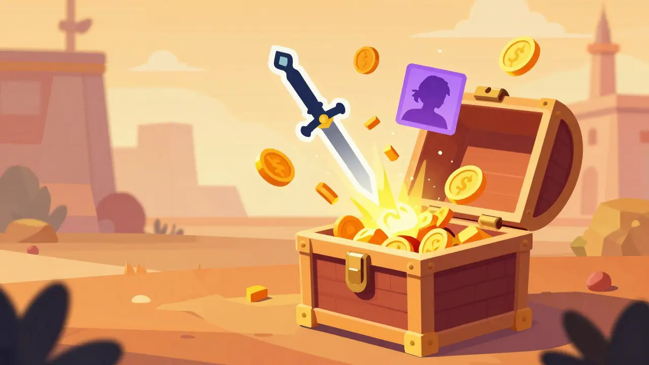 Open digital chest revealing colorful game assets