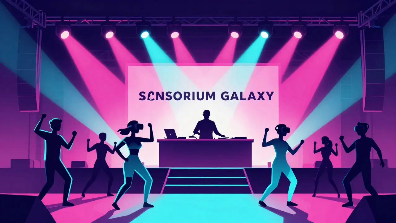 Stylized avatars dancing at a neon-lit VR concert