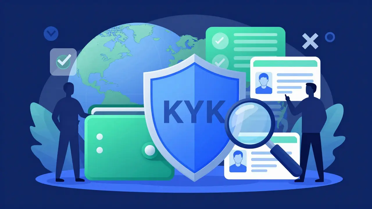 Vector art depicting KYC verification shielding a digital wallet from fraud.