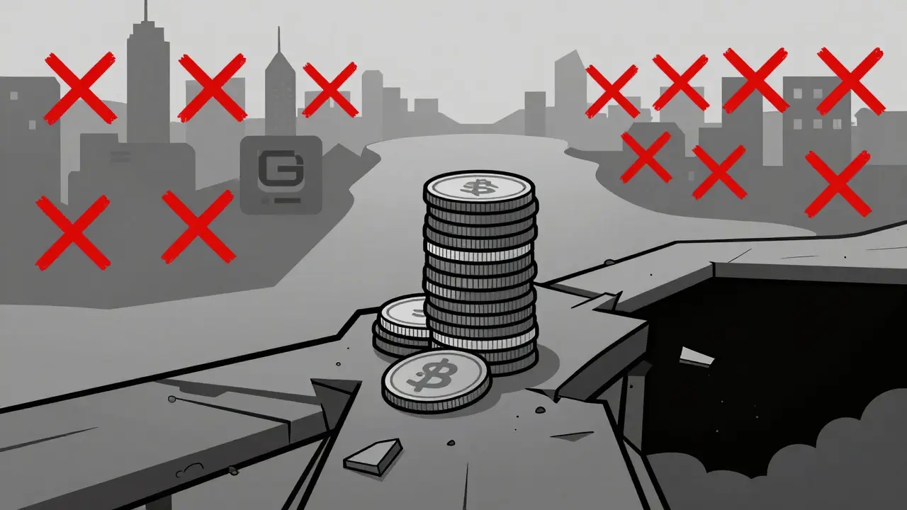 Vector art of worthless coins on a broken bridge with no exit