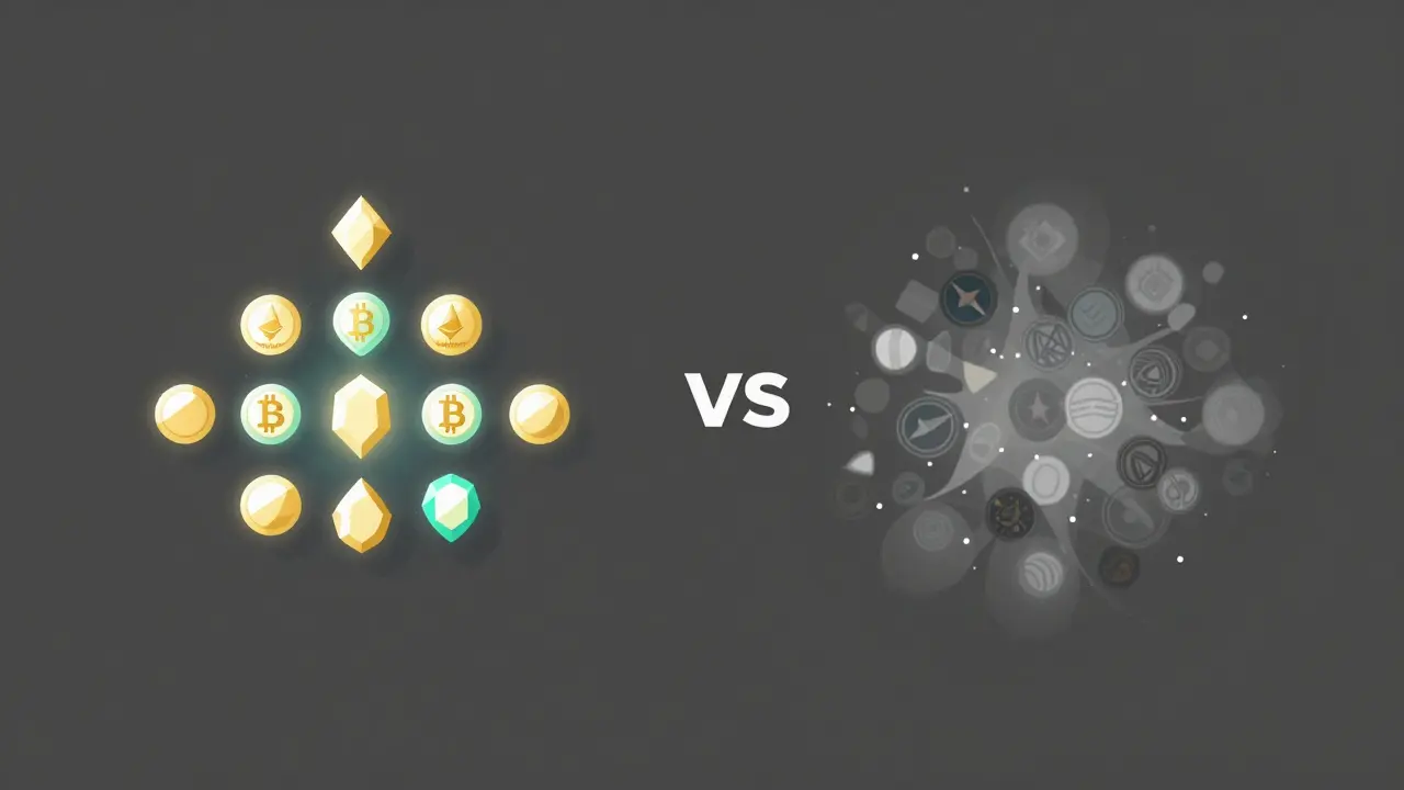 Vector comparison of curated crypto gems vs chaotic altcoin clouds