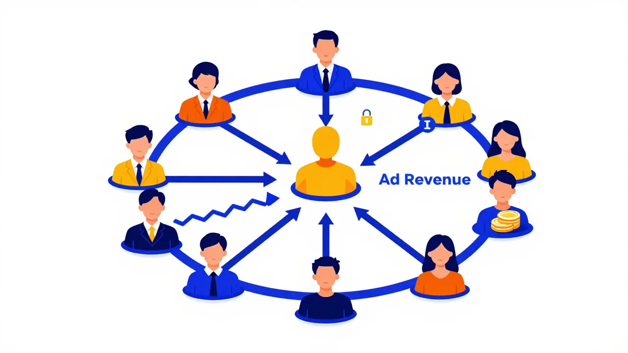 Vector diagram showing creator-fan ecosystem with royalties, governance, and exclusive access benefits.