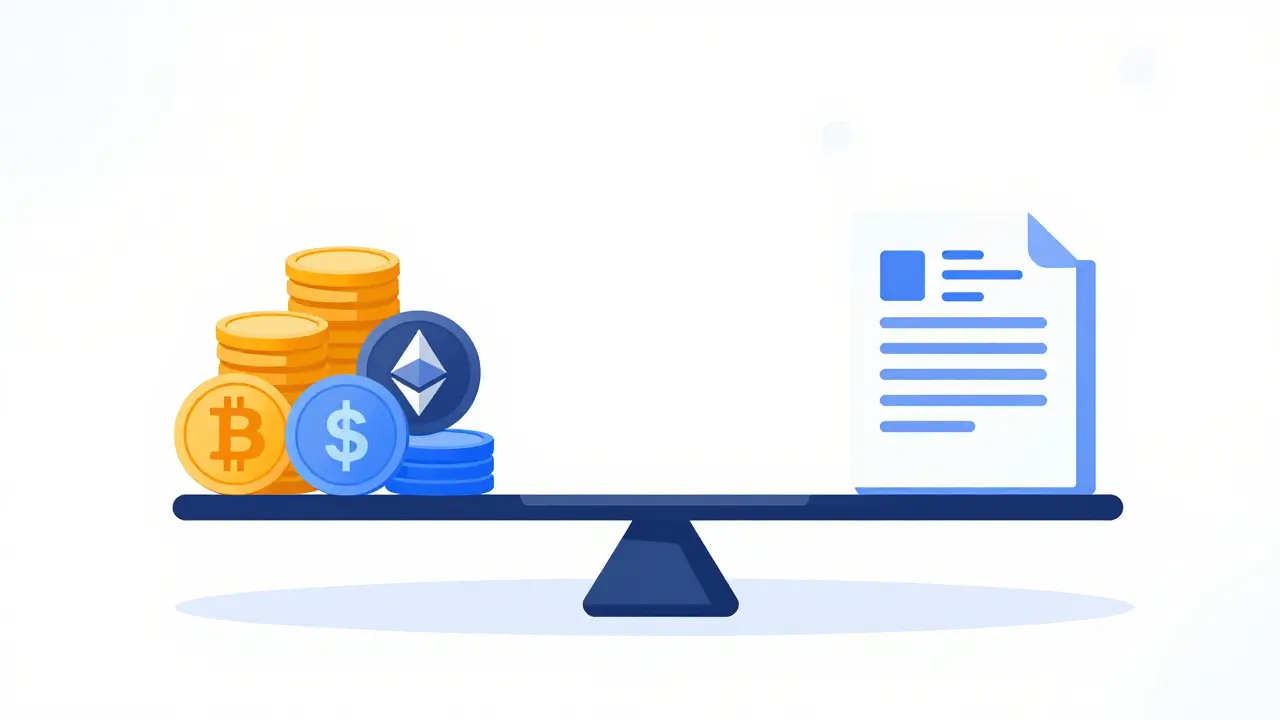Vector graphic of a balance scale weighing crypto collateral against a loan amount.