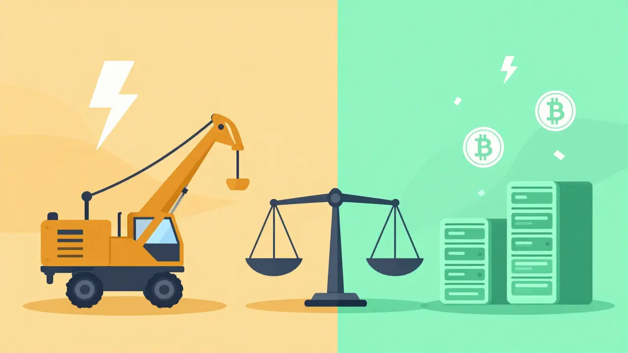 Vector illustration comparing PoW mining rigs with PoS servers