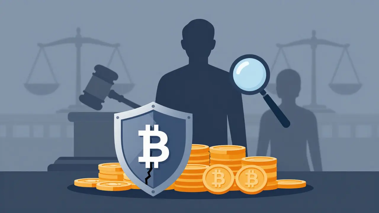 Vector illustration of crypto security shields facing regulatory threats