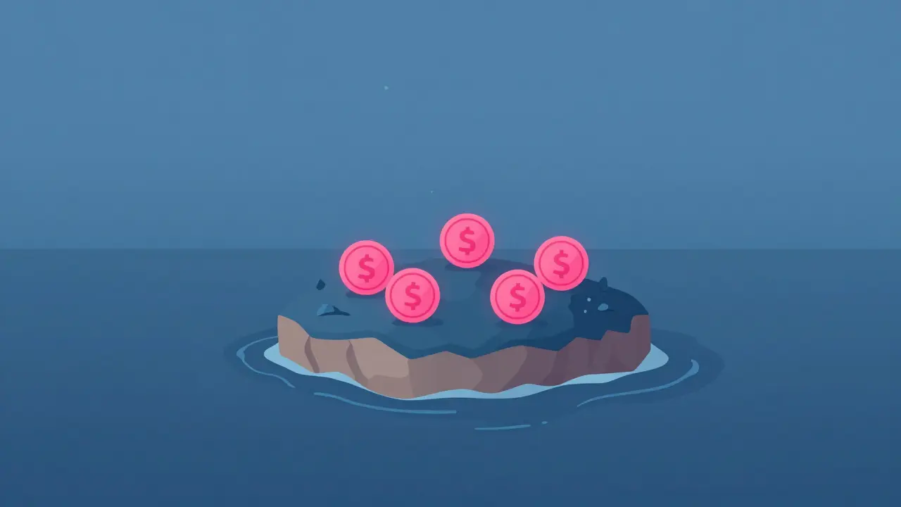 Vector illustration of four isolated coins on an island representing low liquidity