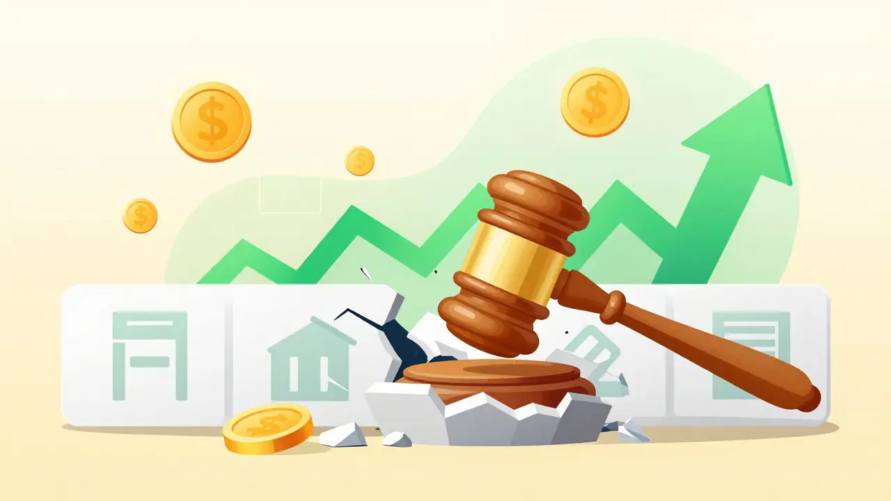 Vector illustration of gavel breaking barrier revealing rising crypto trends