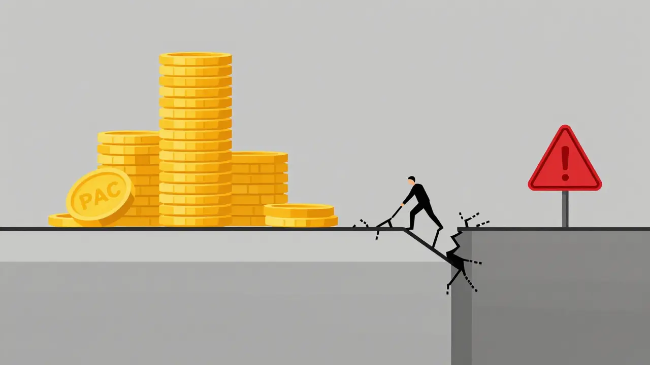Vector illustration showing heavy coins on a fragile bridge over an empty void