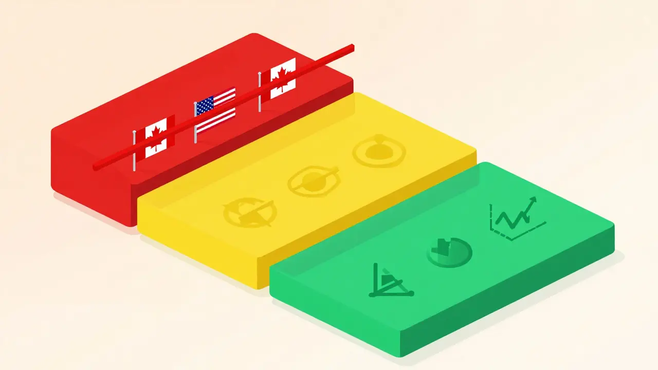 Vector illustration showing three tiers of crypto exchange restrictions.