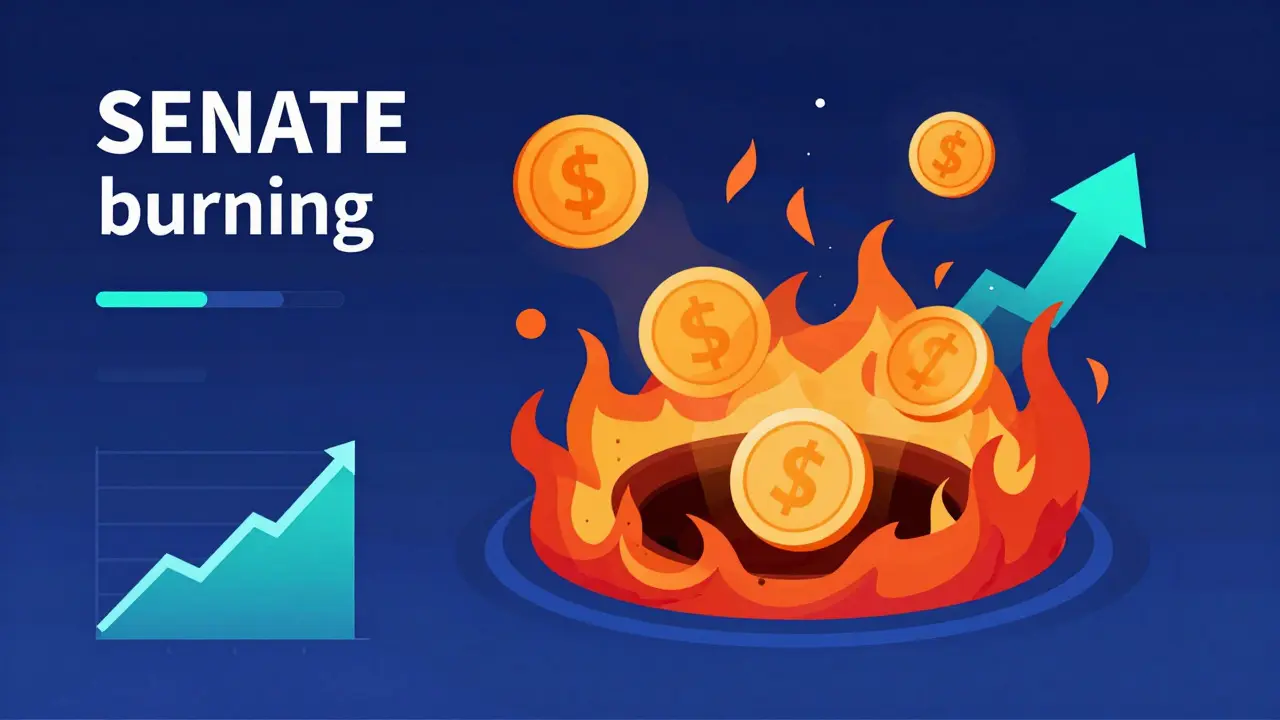 Abstract vector art showing SENATE tokens being burned in a cosmic vortex