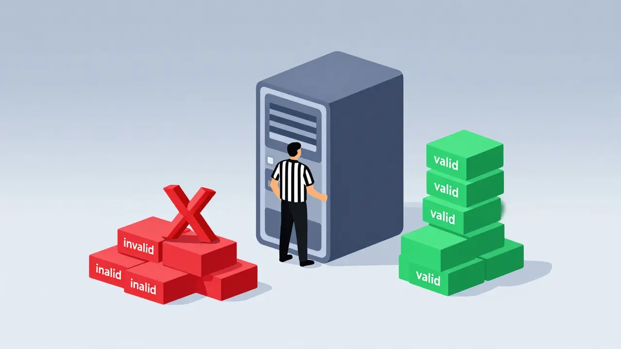 Abstract vector graphic showing a node validating valid vs invalid transactions.