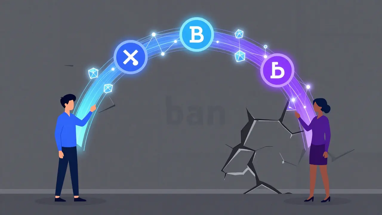 Abstract vector illustration of P2P crypto networks bypassing bans