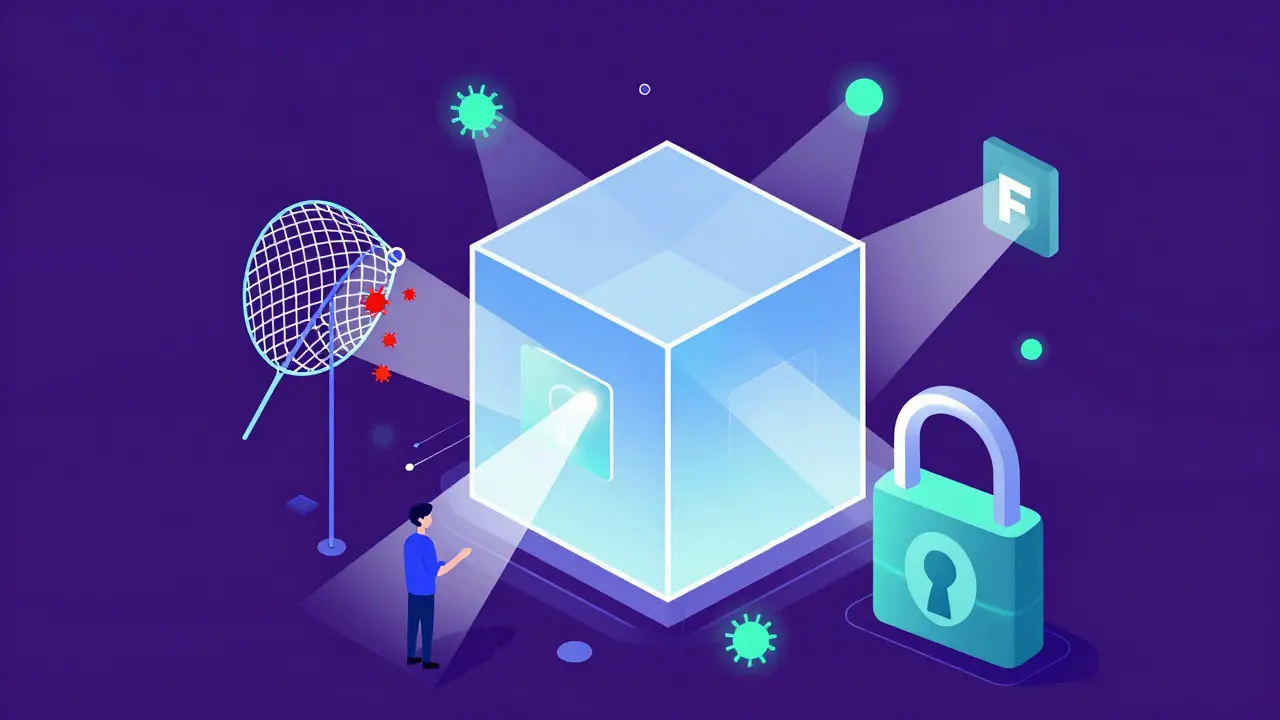 Blockchain block undergoing security scan and audit visualization