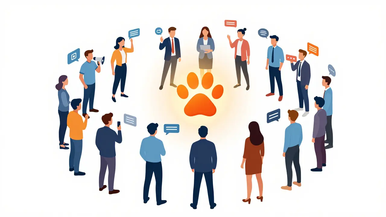 Community figures united around a glowing paw print