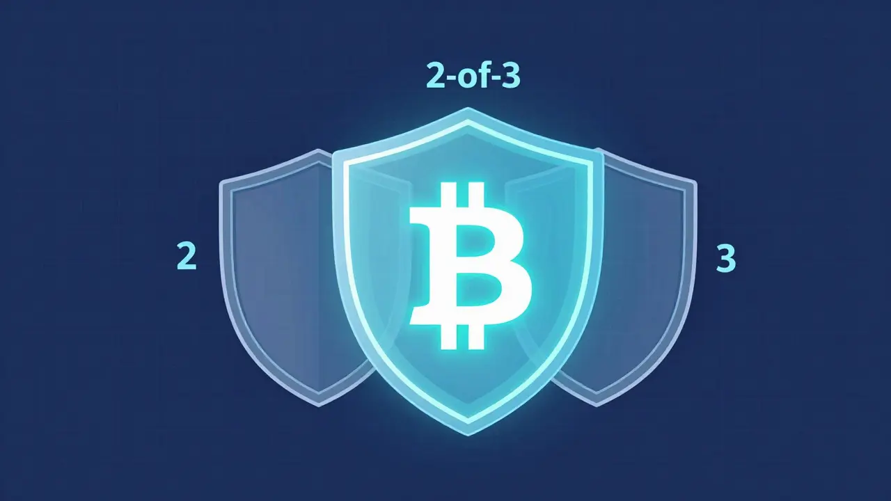 Illustration of multi-sig security protecting a Bitcoin asset with shields