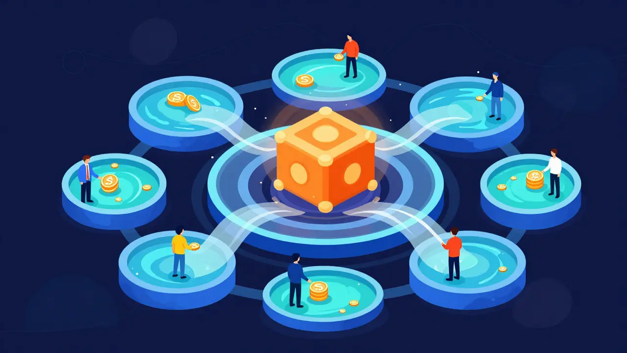 Modern vector illustration of blockchain liquidity pools and user rewards