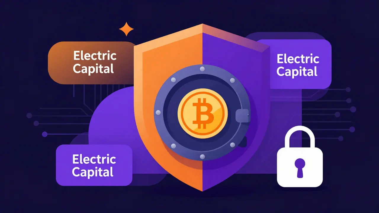 Modern vector illustration of institutional investors protecting a crypto vault with shields.