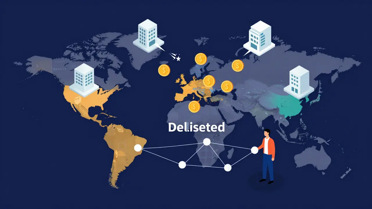 Modern vector illustration showing global exchange delistings and the rise of peer-to-peer crypto trading networks.