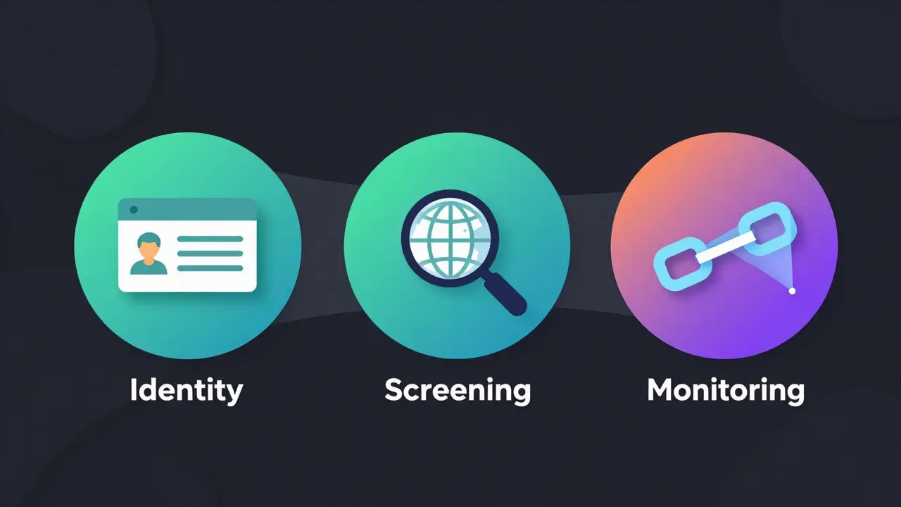 Modern vector illustration showing the three stages of crypto KYC verification process