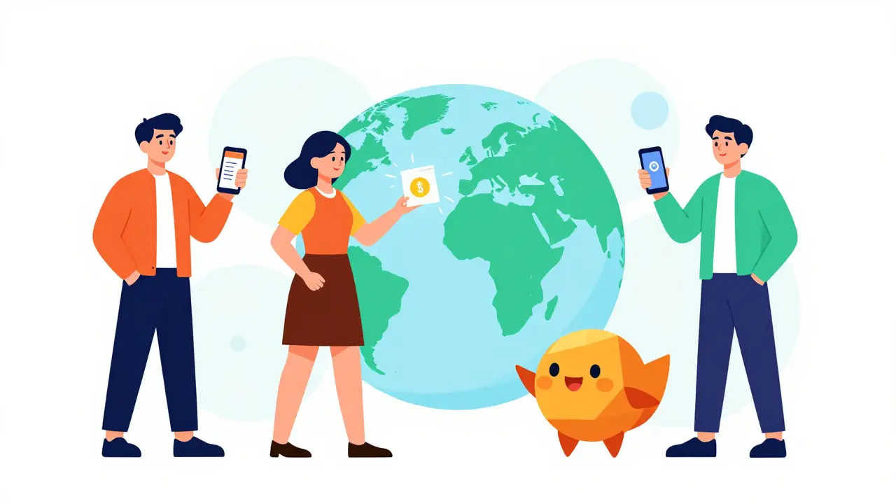 Stylized people using smartphones for crypto transfers and play-to-earn games