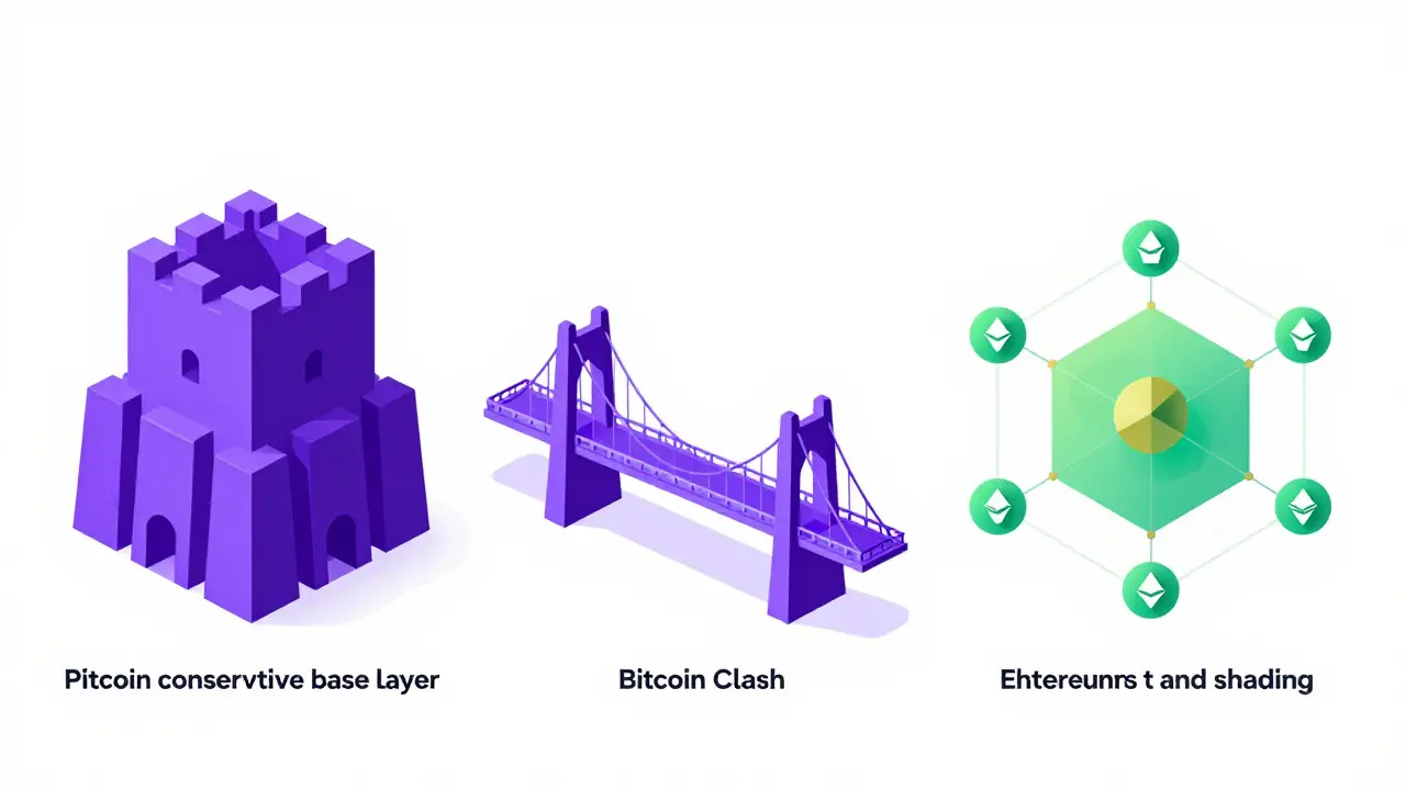 Vector art comparing different blockchain network architectures and scaling methods