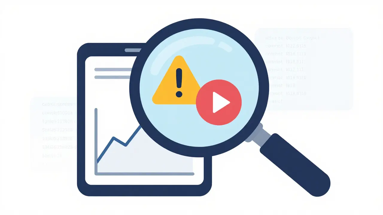 Vector art showing a magnifying glass over a flat crypto graph with risk icons