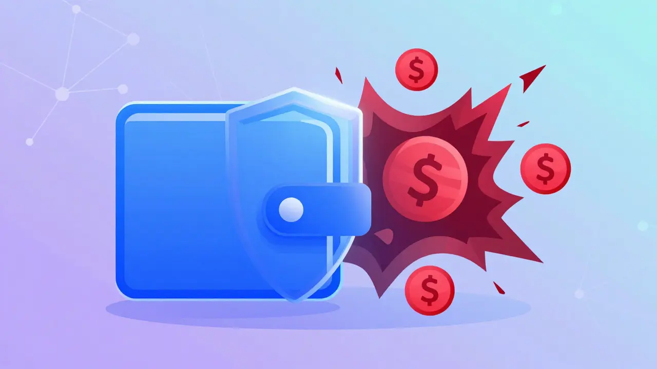 Vector art showing a secure wallet protected by a shield against scam tokens.
