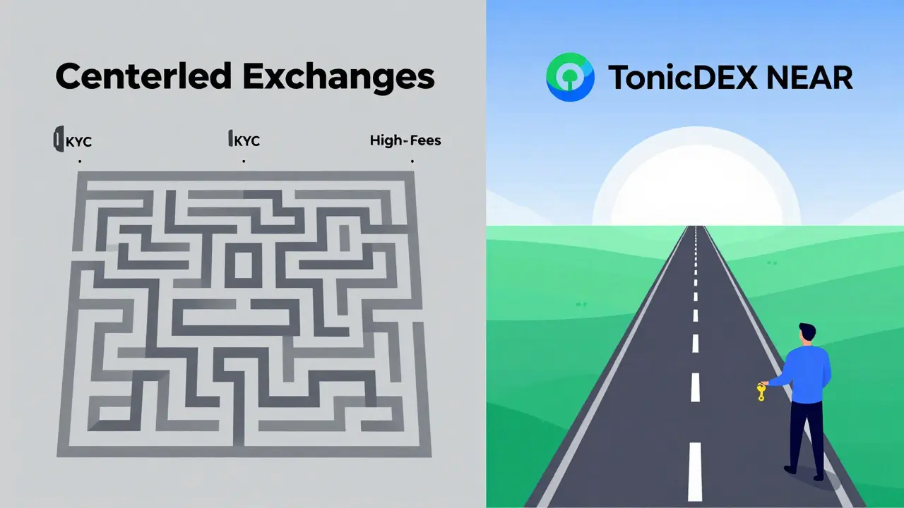Vector graphic comparing a tangled maze of centralized exchanges to an open road for DeFi.