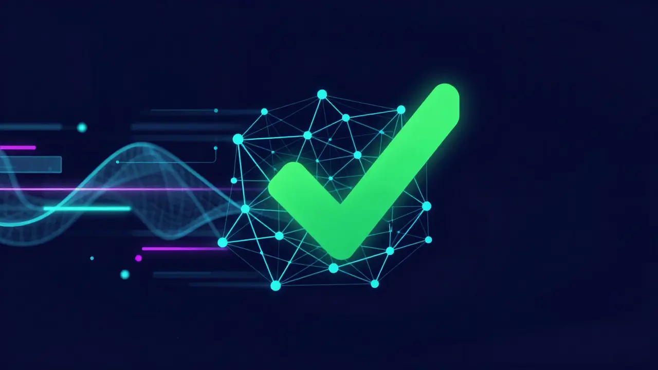 Vector graphic of a green checkmark emerging from data nodes, symbolizing instant finality.