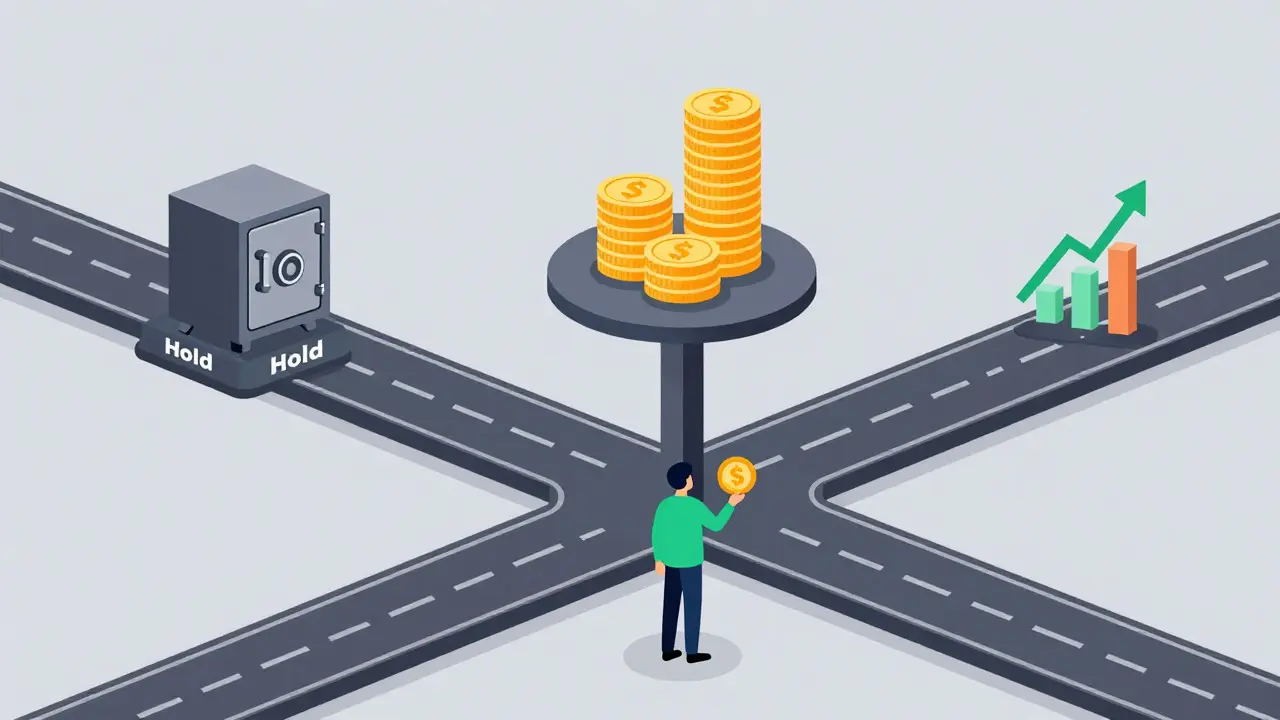 Vector graphic of holding, staking, or selling crypto rewards