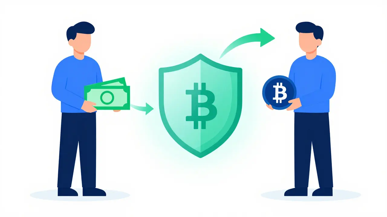 Vector graphic of secure P2P crypto trade with escrow