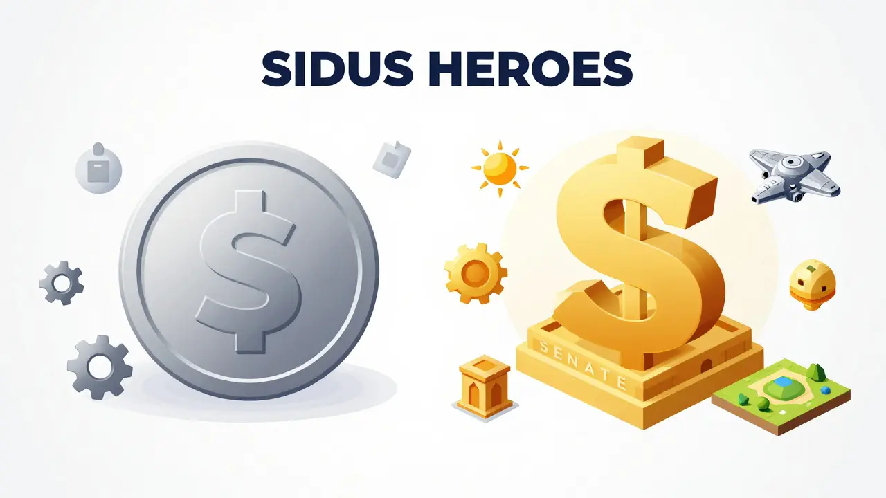 Vector illustration comparing SIDUS utility coin with SENATE premium assets
