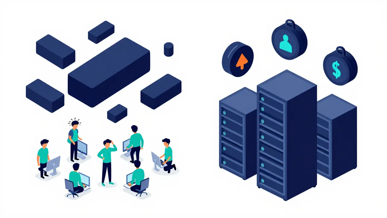 Vector illustration contrasting small nodes vs large servers handling big data blocks