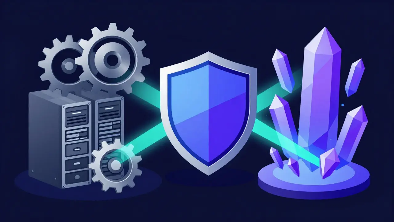 Vector illustration merging gears and crystals to show hybrid blockchain consensus.
