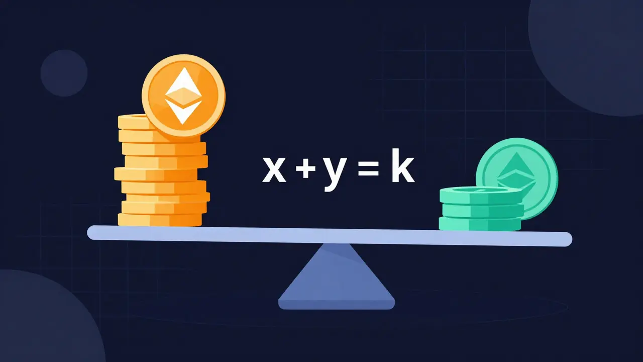 Vector illustration of AMM pool mechanics with ETH and stablecoins