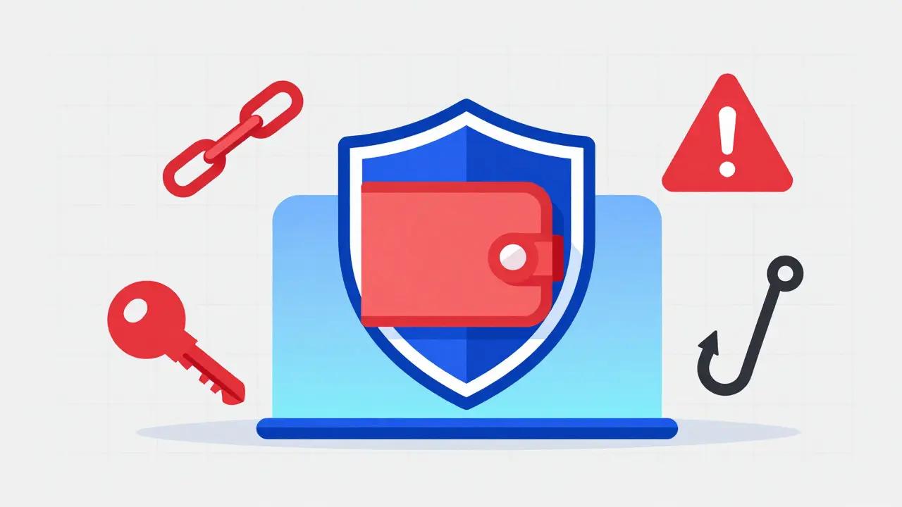 Vector illustration of crypto wallet security and scam warnings