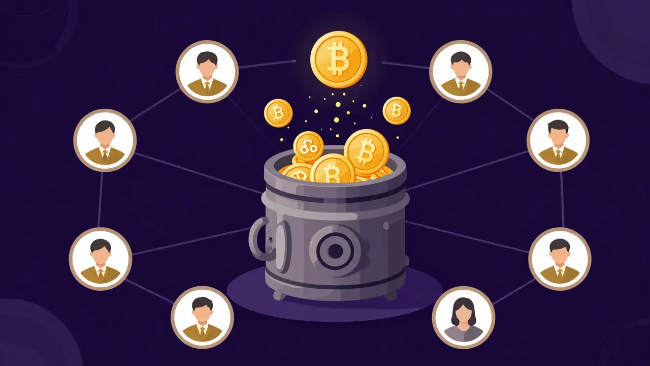 Vector illustration of staking rewards flowing from a central vault to users