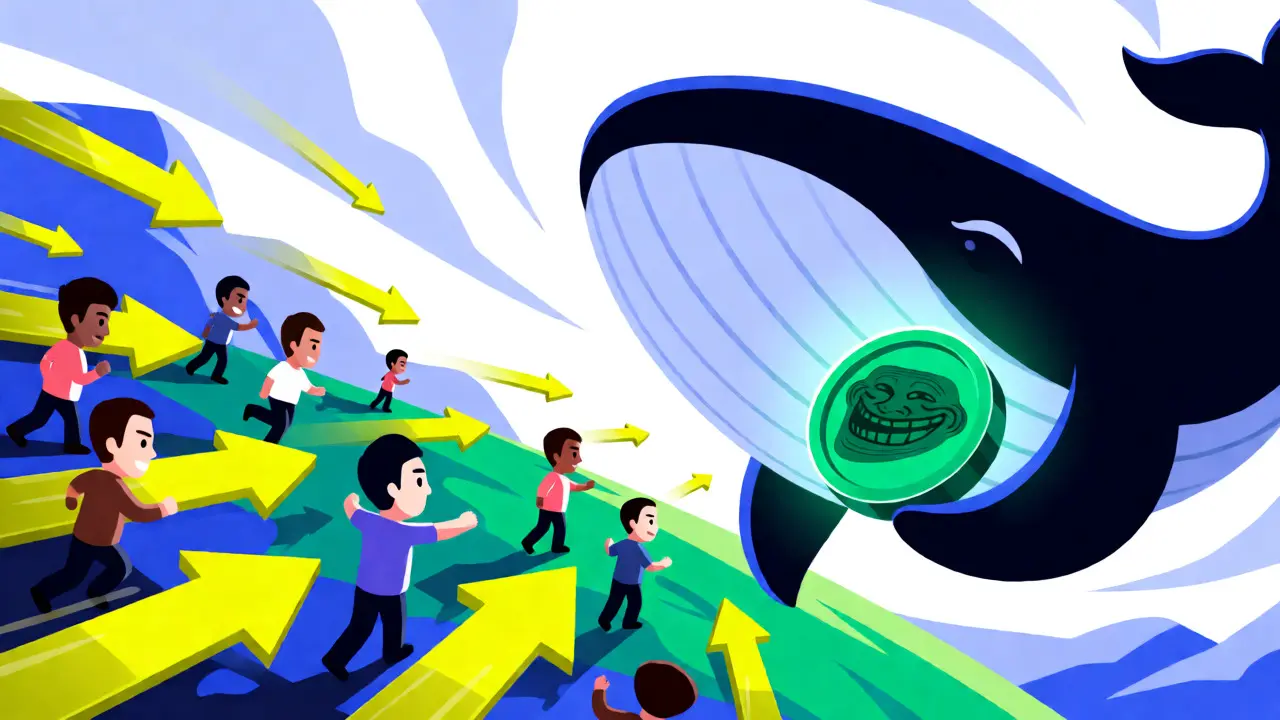 A large whale holding a troll coin while traders trade on a fast Solana network.
