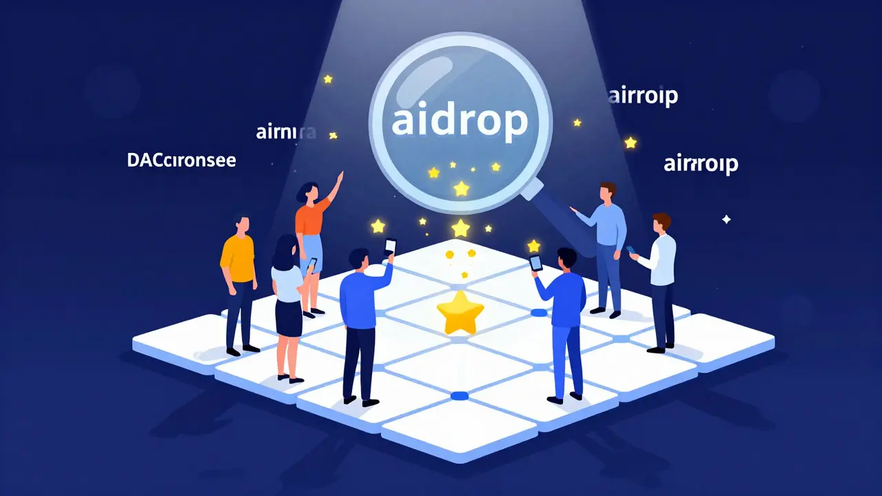 Community members on a blockchain grid looking for airdrop rewards