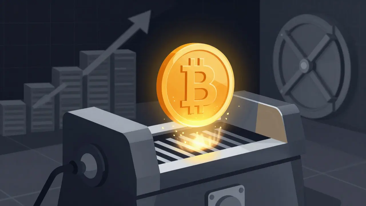 Digital illustration of a cryptocurrency being burned to reduce supply