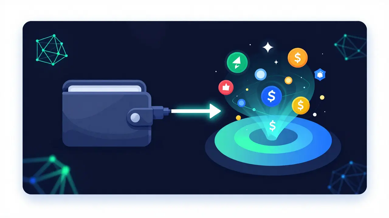 Digital vector art showing crypto tokens swapping through a liquidity pool