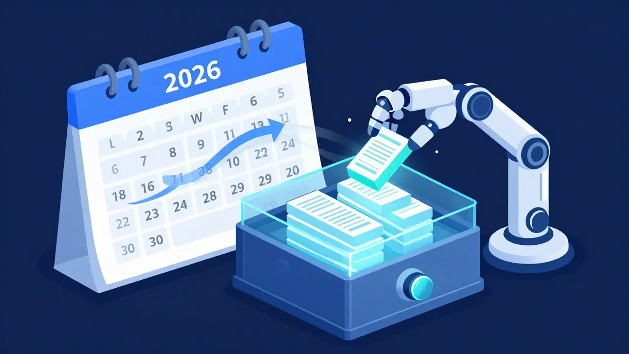 Futuristic digital vault organizing glowing data blocks with a turning calendar