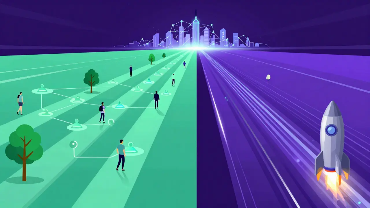 Futuristic vector art showing diverging paths for NFT marketplace ecosystems