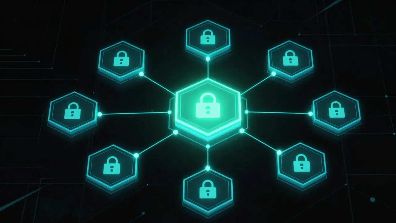 Futuristic vector graphic showing a blockchain network connecting digital identity nodes